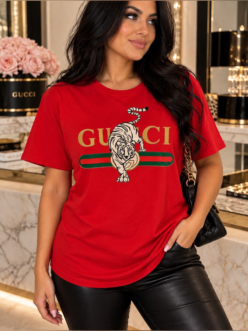 Red Short Sleeve Logo Tee with Tiger Graphic